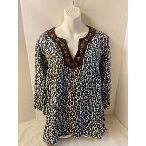 Ruby RD woman 16w linen blend animal print brown blue beaded neck
